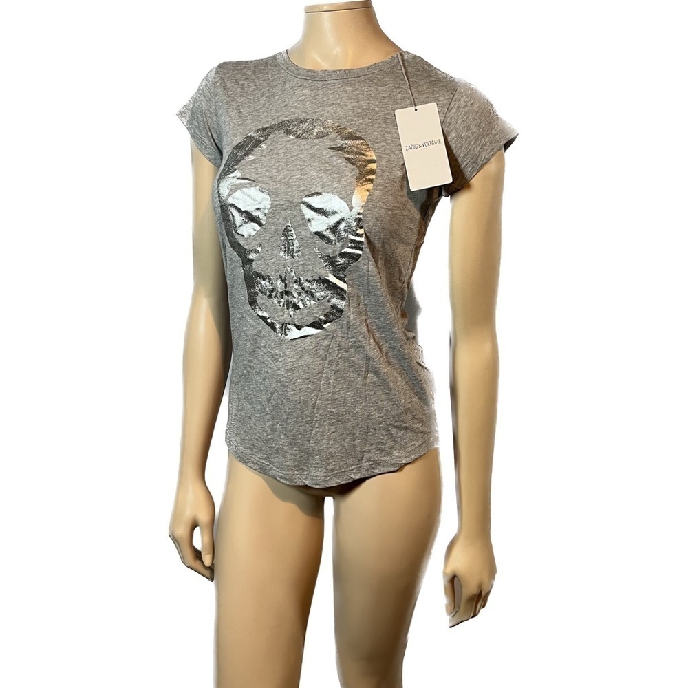 NWT Zadig & Voltaire Skinny Foil Skull Tshirt in Gris de Chine